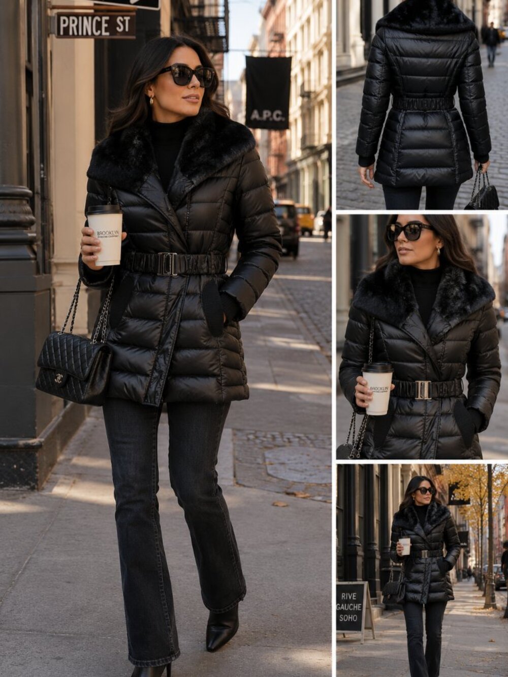 Catherine Catherine Malandrino Puffer Coat Faux Fur Collar Belted Black Jacket S